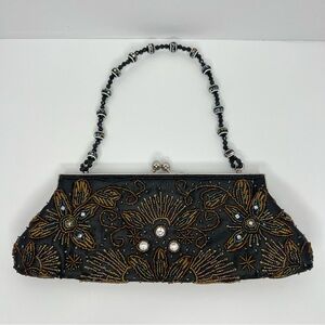 Bisou Black and Gold Art Deco Clutch with Beaded Design